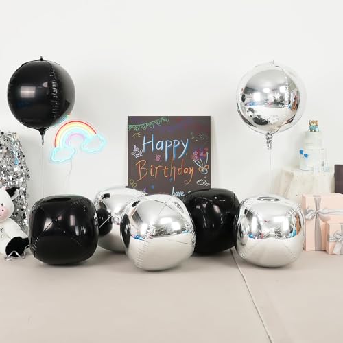 Image of Black Silver Round Foil Balloons Birthday Prom Decor 22 Inch 6 Pcs | Metallic 4D Helium Ball Balloons for Graduation Christmas New Year Eve Disco Party Backdrop Decorations