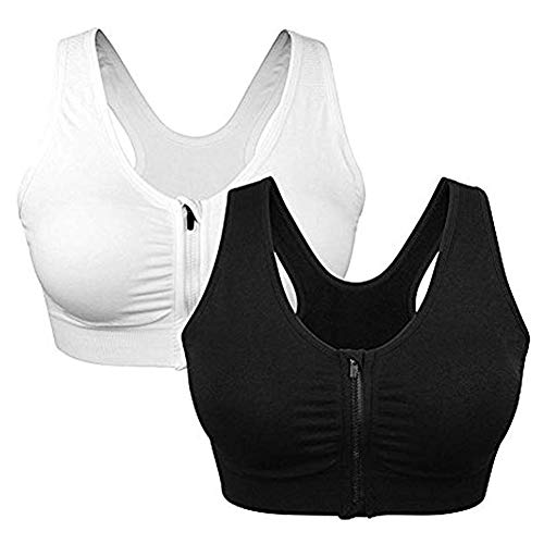 Women's Zip Front Sports Bra Wireless Post-Surgery Bra Active Yoga Sports Bras - White - XL:Fit 36D,36DD,38C,38D,40B,40C