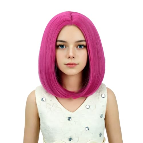 Image of Kids Pink Wig Girls Rose Red Bob Wig Child Short Bob Wig Middle Part Wig for Kids Synthetic Wigs with Wig Cap