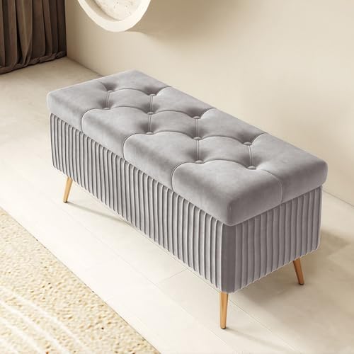 Puf de almacenamiento tapizado gris claro con botón capitoné capacidad de carga de 150 kg, asiento elegante para entrada y dormitorio, 150 cm de longitud