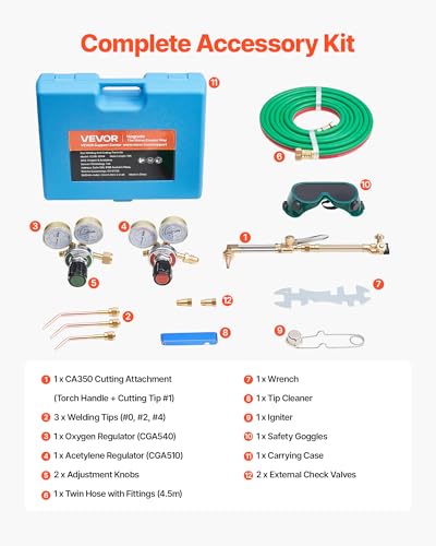 Image of VEVOR Oxygen Acetylene Torch Kit with Check Valves, Gas Welding Cutting Torch Kit, Portable Oxy Acetylene Brazing Set with 15FT Twin-Hose, 1 Cutting Tip, 3 Welding Tips, 2 Gas Regulators & Toolbox