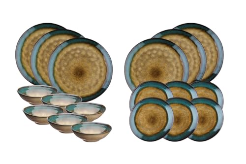 BJORN SR-LEISTM26 Vajilla Essentials ISLAND TIERRA Y MAR, Gres con Esmalte Reactivo, Caqui y Azul, 18 Piezas, 6 Platos 28cm, 6 Platos 20.5cm, 6 Cuencos 15cm
