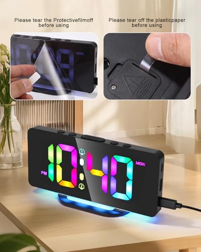 Goxiry Wecker Digital, 7-Zoll-LED-wecker, 10 Farben LED Digitalanzeige,Snooze, Helligkeit und Lautstärke Regelbar, Digital Uhr Netzbetrieben, 12/24HR