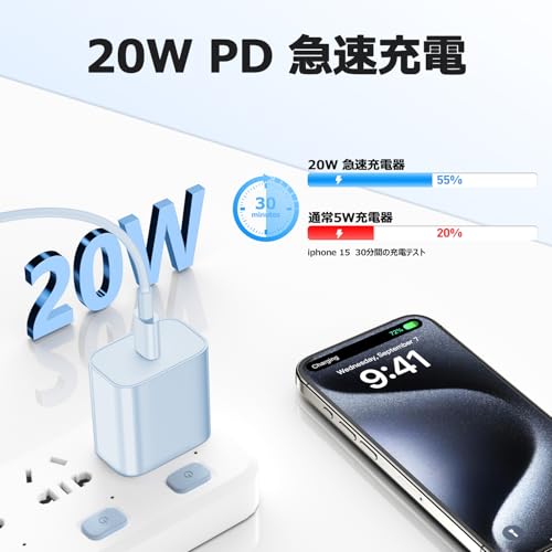 タイプc 充電器 Type-c PD20Ｗ 急速充電 iPhone 17/16 用【PSE認証】USB C to Cケーブル 2M付き スマホ 電源アダプター たいぷしー充電器 急速 ケーブル For iPhone17/16/16e/15/Pro/max/iPad/AirPods その他USB-C機器対応 可愛い(ブルー)
