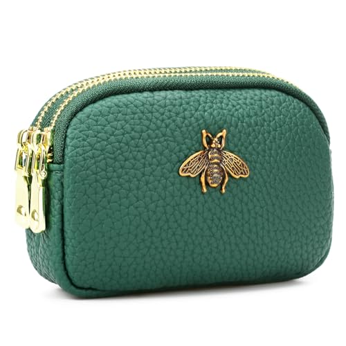 WOZEAH Bolsa De Moedas De Couro Para Mulheres Pequena Carteira De 2 Zíperes Com Chaveiro Porta-Cartões Porta-Moedas Porta-Dinheiro (Verde)