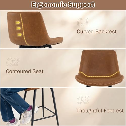 Taburetes de bar COSTWAY de cuero sintético, sillas altas de 24 pulgadas con respaldo ergonómico y reposapiés, patas metálicas resistentes, para isla de cocina o bar, fácil montaje, marrón + negro (juego de 2) miniatura 7