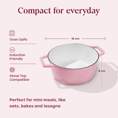Image of CUMIN CO. Cast Iron Dutch Oven 1.2L, 16 cm | Induction Base Cookware | 10 Years Warranty | Non Toxic Non Stick Biryani Pot with Lid | Heavy Bottom | Chemical Free Coating | Free Accessories | Pink (Rose)