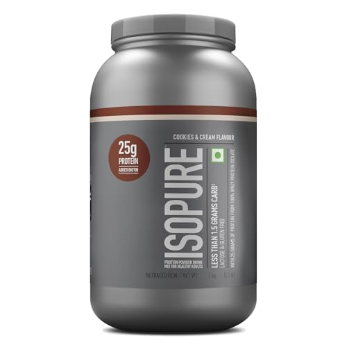 Image of Isopure Whey Protein Isolate Powder with less than 1.5gm of Carbs and Vitamins for Immune Support - 1 kg Cookies & Cream, Vegetarian protein for Men & Women. Offer Pack