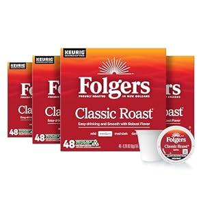 Folgers Classic Roast Coffee, Medium Roast, Keurig K-Cup Pods, 192 Count | 4 (48 count) boxes, Compatible with Keurig coffee makers