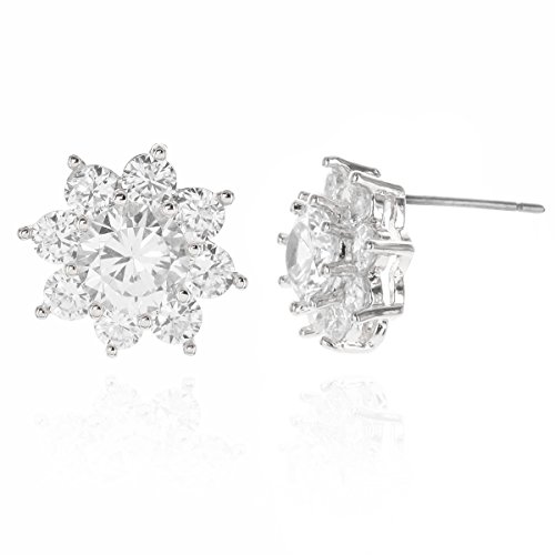 Flower Star Burst Round AAA Cubic Zirconia Women's Fashion Accessories Stud Earrings in White Gold