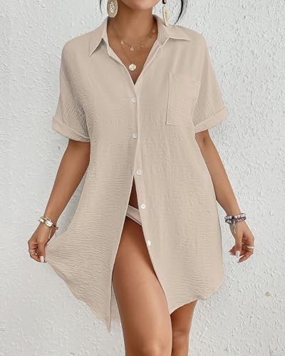 Image of Bsubseach Women Swimsuit Coverup Shirt Dress Button Down Bathing Suit Cover Up Beach Vacation Outfits