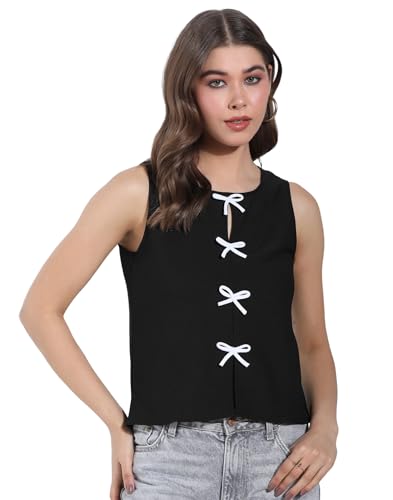 Image of Selvia Women's Solid Black Sleeveless Top with Front Bow Tie-Up Detail