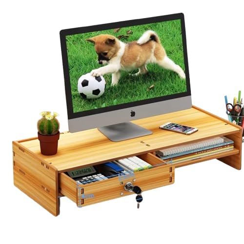 Image of VBM Monitor Riser Stand Bamboo Computer Laptop, Printer, PC with Storage Slot Adjustable Desktop Stand For Home , Office (Monitor Stand (Lock) 3 Box)