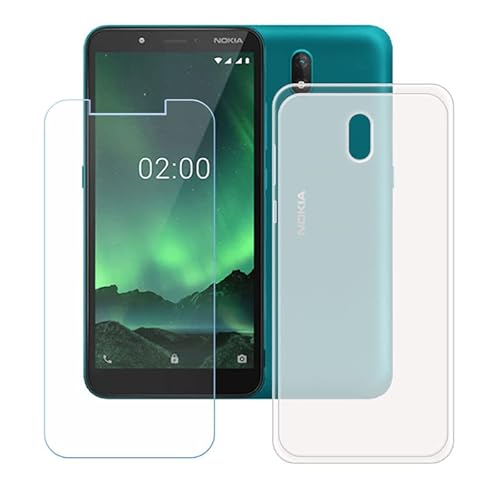 LMLQSZ Coque pour Nokia C100, Translucide Silicone TPU Cover Souple Cristal Bumper Housse Étui Case + HD Film Protecteur Verre trempé écran Cover