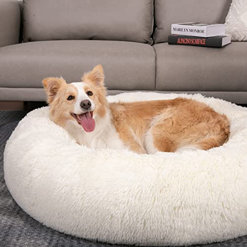 Wellyelo 36" Extra Large Calming Dog Bed Fluffy Plush Anti-Anxiety Round Donut Dog Beds For Extra Large Jumbo Dogs Machine Washable (Extra Large, White) #TOP6