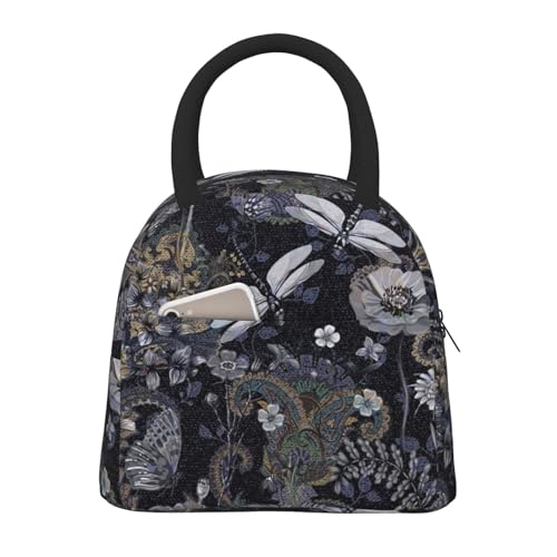 ZTPOWQA Bolsa de comida aislada con estampado gris de libélulas, portátil, para escuela, trabajo, picnic, viajes, niños, adolescentes y adultos
