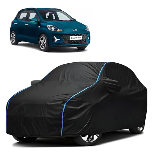 Image of Kerwa Car Body Cover Waterproof with Grand i10 Nios, Dust & UV Resistant All-Weather Proof Full Body Cover, Black with Blue Lining, Triple Stitch Elasticated Bottom with Mirror Pocket