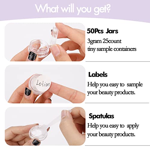 3 Gram Sample Containers With Lids, 50 Count Clear Jars, Empty Lip Balm, Mini Cosmetic With Labels, Makeup Travel, Mini Disposable Spatulas4