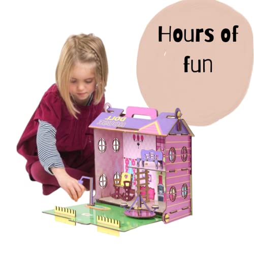 FunBrigade Big Wooden Doll House for Girls | Foldable, Easy to Carry | Colorful Dollhouse with Furniture, Playground and Handle |Pretend Doll Playset for Girls| | Girls Toy | STEM Learning