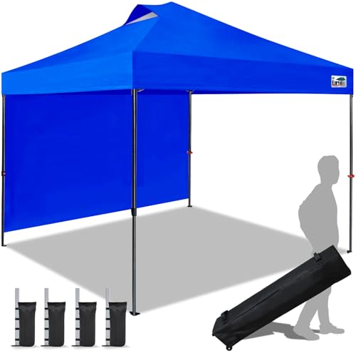 Image of Eurmax USA NOMATTER ONE-Person Open&Close 10x10ft Pop Up Canopy Tent,Portable Shelter Canopy for Outdoor Events with 1 Removable Sidewall,Instant Canopies,Bonus 4 Sand Bags(Blue)