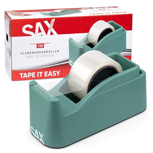 SAX Tape it Easy XXL Dispensador de cinta manual extra pesado | para 1x cinta de 50mm o 2x cinta de 25mm, dispensador de cinta para paquetes con función portaplumas, antideslizante, verde salvia