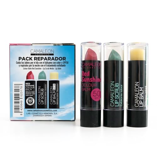 Camaleon Cosmetics - Pack Reparador - Bálsamo Reparador + Exfoliante + Bálsamo Color y SPF50 - Vegano - 3 Unidades - 12gr