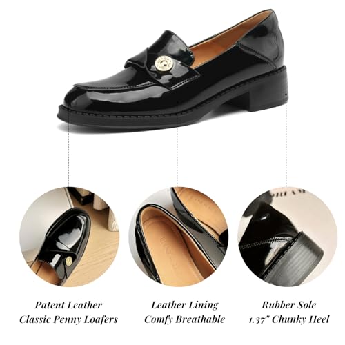 Image of Genuine Leather Womens Loafers - Black Closed Round Toe Slip-on Penny Loafers for Women, Comfortable Business Casual Dress Leather Shoes