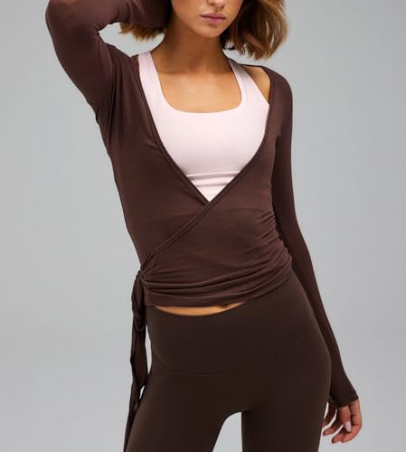 Image of Womens Slim Fit Tie Front Open Front Wrap Long Sleeve T Shirt Y2K Ballet Going Out Cardigan Aesthetic Casual Tops