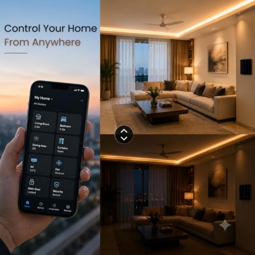 Image of Olira Smart Touch Switch, 6 Light Load with Fan Speed Control, Black | Wi-Fi Enabled, Master Switch, 6A Socket, Fan Load Control, Glass Finish Panel