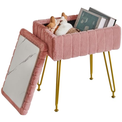 Miniatura 4 de Ibuyke Taburete De Terciopelo, Con Espacio De Almacenamiento, Taburete Otomano, Mesa Lateral Pequeña, Con 4 Piernas Metálicas, Pies Antideslizantes, Maquillaje, Dormitorio, Rosa