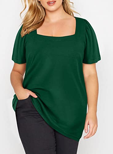Eytino Womens Plus Size Tshirts Summer Square Neck Puff Sleeve Loose Casual Blouse Tops,2X Green #TOP2