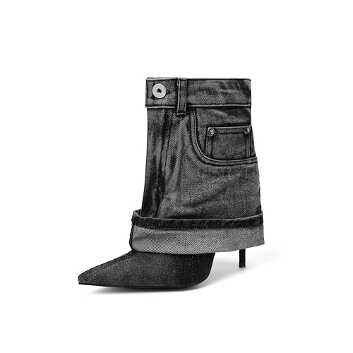 Pointed Toe Fine Stiletto High Heel Ankle Denim Booties for women Fold Over Ankle Short Jean Boots Fashion Women's Shoes