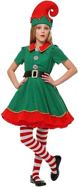 Kids Elf Costume for Boys Santa's Little Elf Helper 5 Pc Christmas Dress Up Costumes Red and Green Xmas Fancy Dress Outfit for Kids Tunic Top, Trousers, Hat, Socks, Belt for Party Festival