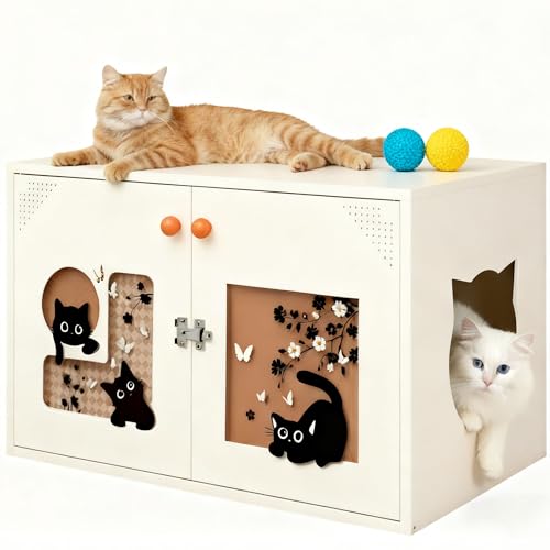 Steehoom Cat Litter Box Enclosure, Enclosed Litter Box Cabinet Pet House Furniture Cat Washroom End Side Table 31.5 x 19.69 x 19.69 Inches (Beige, Rero Cat)