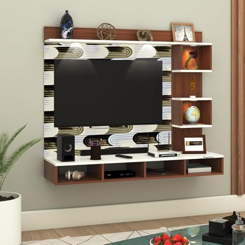 Image of TV Cabinet for Bedroom 32 inch to 65 Inches Engineered Wood TV Entertainment Unit Back Side 3mm UPVC Self Adhsive Waterproof Sheet and Lights (Black-White, 32-55 Inches, with Fitting)