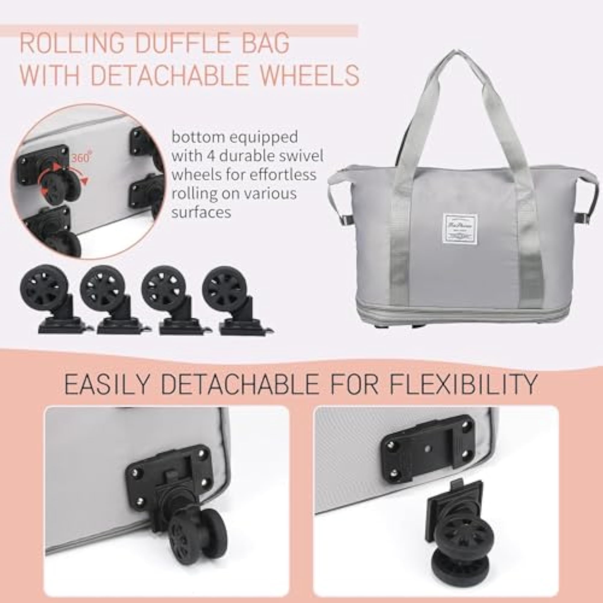 50L Grey Rolling Duffle Bag with Wheels, Expandable