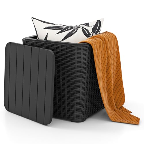 Tangkula 11.5 Gallon Water-proof Deck Box, Outdoor Patio Storage Box w/Removable Lid &, Faux Rattan Storage Container Side Table, All Weather Patio Furniture Extra Seat for Poolside (Black)