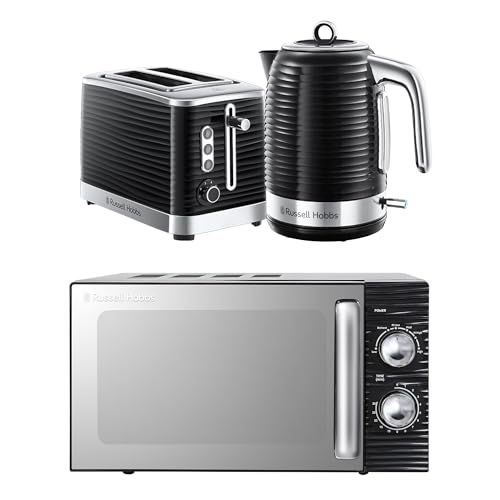 Russell Hobbs Inspire Black Kitchen Set 1.7L 2400W Kettle 2 Slice Toaster with Variable Browning Levels & 17L 700W Microwave with 5 Power Levels Defrost & Reheat Functions INSPBNDL2B
