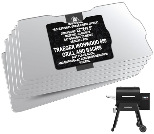 WEBROIL 6 Packs BAC506 Drip Tray Liners for Traeger Ironwood 650 Series Grills Heat-Resistant Foil Liners for Traeger Pellet Smoker Grill Accessories Aluminum Tray for Catching Grease 22 x 15.5