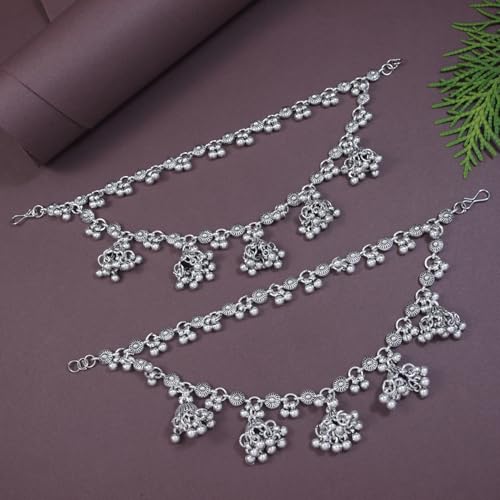 I Jewels Silver Oxidized Indian Wedding Bollywood Ghungroo Jhumka Hair Chain/Earchain Accessories For Women (E3245OX)3