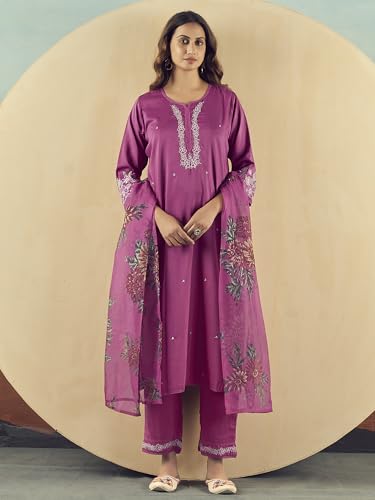 Image of INDO ERA Rayon Pink Straight Embroidered Kurta With Pant & Dupatta Set For Women