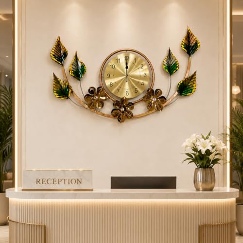 Image of Framing Hub - Handcrafted Multicolor Large Metal Wall Decor with Golden Leaves and Floral Design Decorative Modern Wall Hanging for Living Room (Size 31x20 Inch)