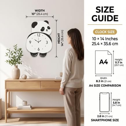 Image of Bamboo Bear Design Pendulum Wall Clock for Kids Room, Decorative Analog Timepiece with Swinging Element, Animal Theme Home Accent for Bedroom, Nursery, Playroom, Study Area and Indoor Decor