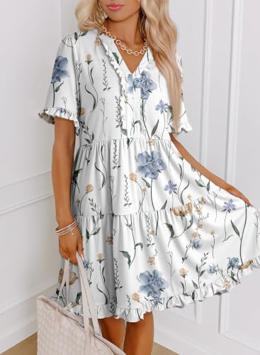 Image of Dokotoo Womens Summer Dresses 2026 V Neck A Line Short Sleeve Casual Ruffle Babydoll Mini Dress