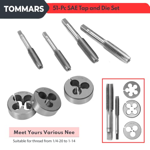 TOMMARS 51-Pc 1/4-20 to 1-14 Jumbo Tap and Die Set SAE Round Threading Dies for Threading and Rethreading Internal and External Threads - Thumbnail 5