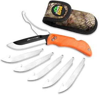 OUTDOOR EDGE RazorPro Double Blade Folding Hunting Knife - Blaze Orange Field Dressing Knife Features a Replaceable Razor Sharp Blade, a Gutting Blade, Non-slip TRP Handle, Camo Holster, & 6 Blades