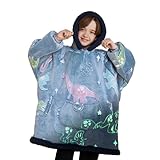 Giggling Getup Glow in The Dark Wearable Blanket Hoodie for Girls and Boys Warm Cozy Sherpa Fleece Hooded Blanket Sweatshirt Oversized Hoodie with Giant Pocket & Sleeves for Kids Blue Dinosaur Glow