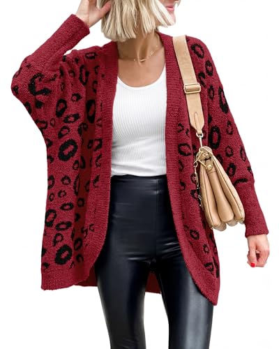 BTFBM Leopard Cardigan for Women Long Sleeve Open Front Cardigans Sweaters Pockets Loose Knit 2026 Fall Winter Outwear(Red, Large)