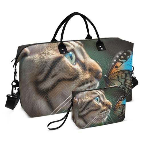 Large Travel Duffel Bag, Butterfly and Kitten Sports Tote Gym Bag, Shoulder Weekender Overnight Bag for Women Men, Carry On Luggage with Toiletry Bags