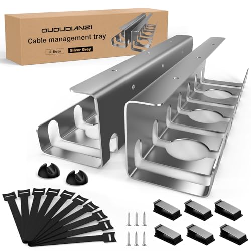 2-Pack Under Desk Cable Management, Stainless Steel Cable Organizer Tray- 43CM, Includes Accessories, Keeping Cable Desk Tidy for Office and Home (Silver grey)